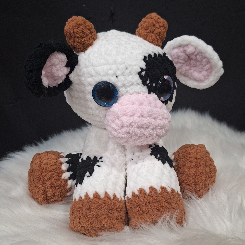 Handmade Crochet Cow Plush with Glitter Eyes